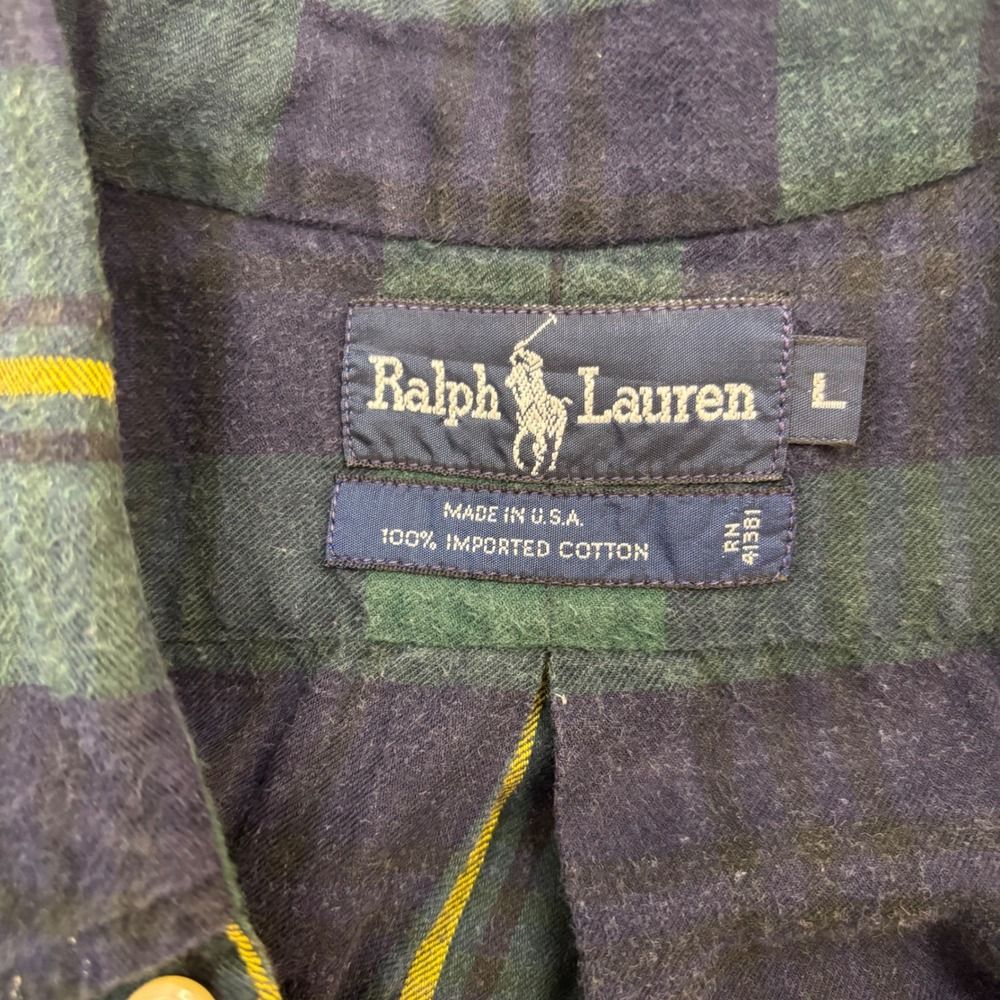 Ralph Lauren Mens Flannel Shirt L Green Navy Yellow Plaid Made in USA Cotton - Picture 4 of 7